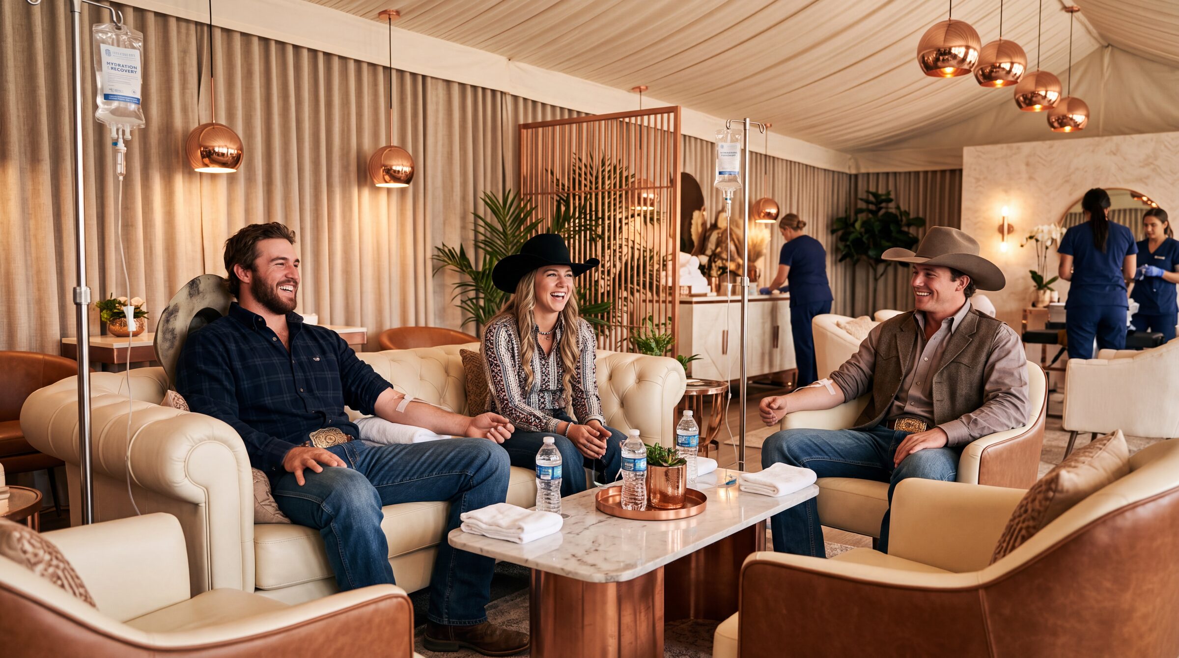 Rodeo athletes relaxing with IV drips in an upscale recovery lounge