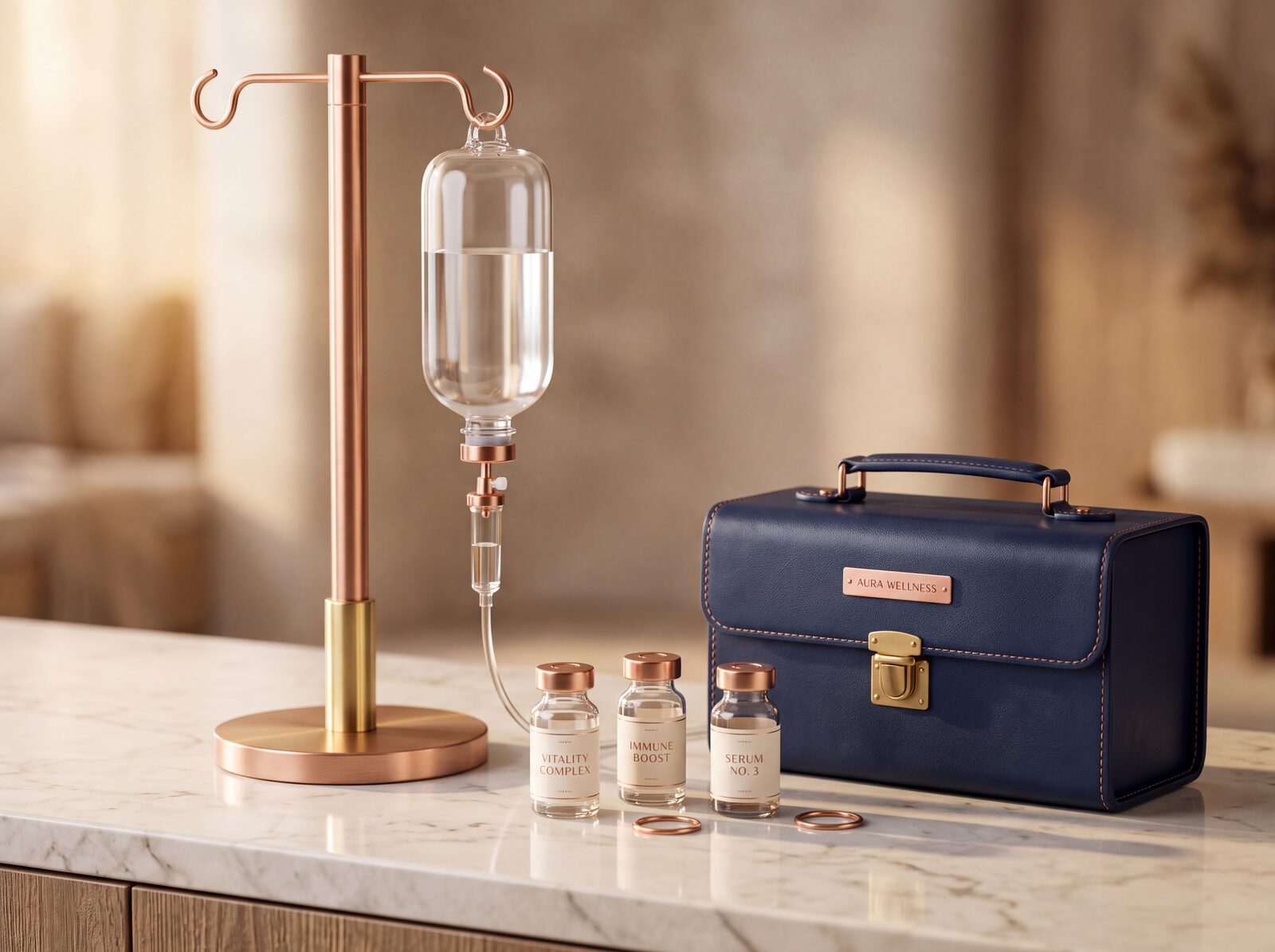 IV hydration bag on a copper stand with a wellness kit on marble