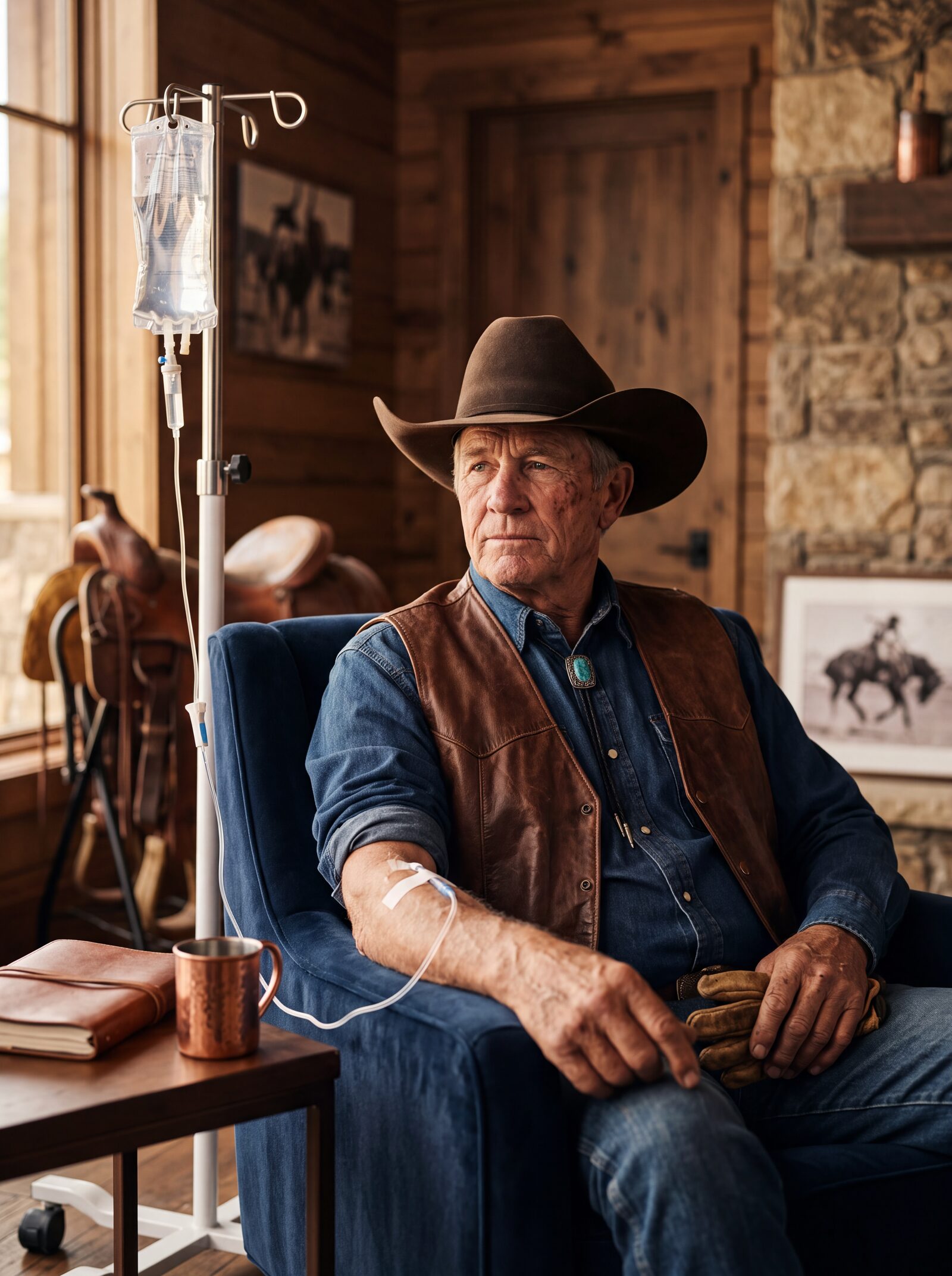Seasoned cowboy receiving personalized concierge medical care from ARENA Drip