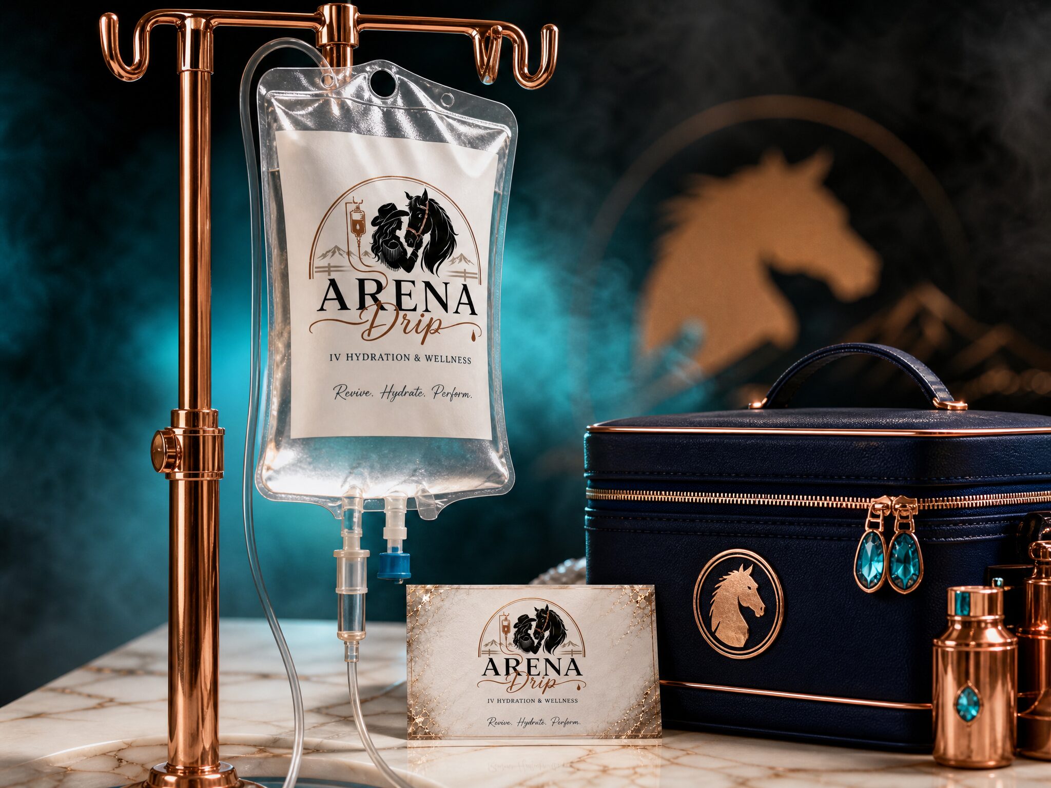 Branded ARENA Drip IV hydration bag on a copper stand at the arena