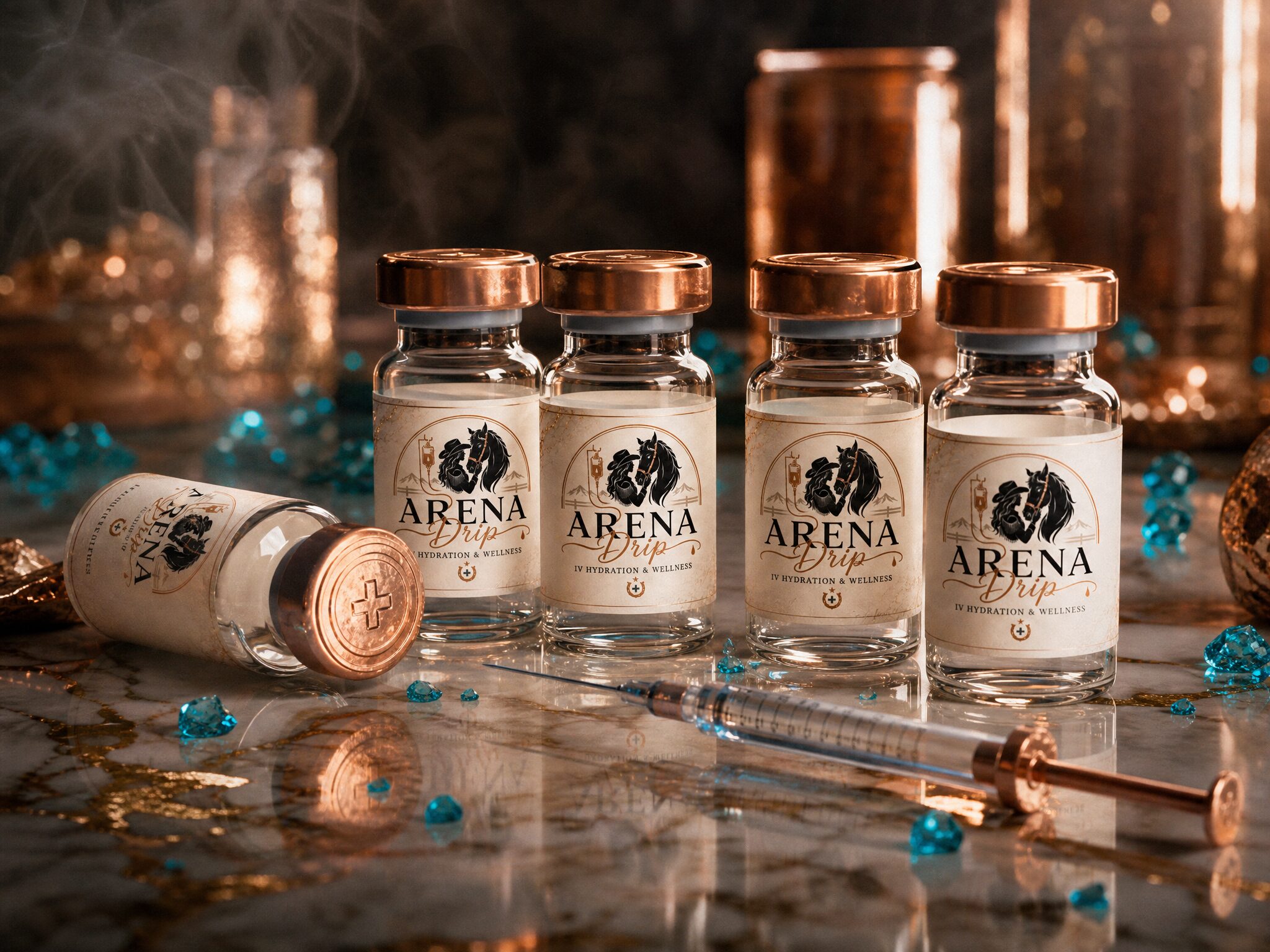 Branded ARENA Drip peptide and wellness therapy vials arranged on marble