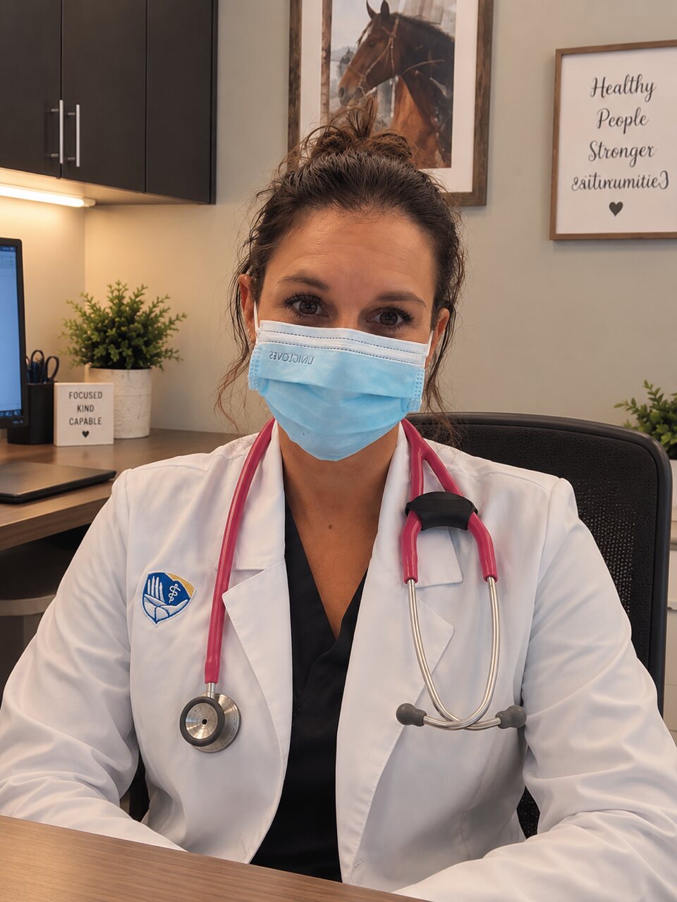 ARENA Drip nurse practitioner Amy in a white coat, mask and stethoscope ready to defend your health