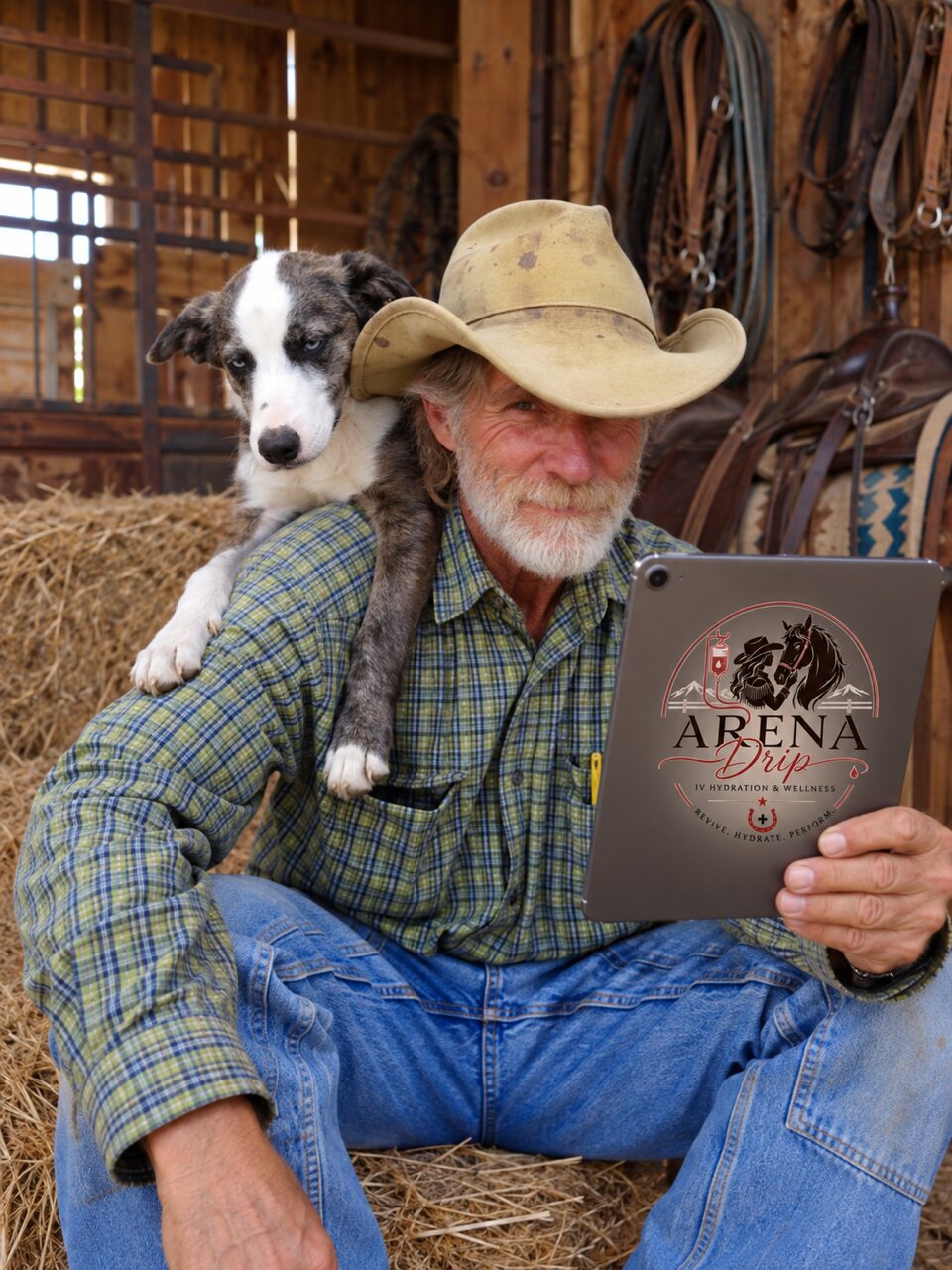 Seasoned rancher with his dog joining an ARENA Drip telehealth visit on a tablet from the barn